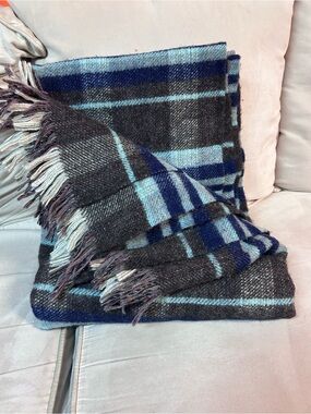 Cozy Tartan Fringe Throw Blanket in Blue and Gray
